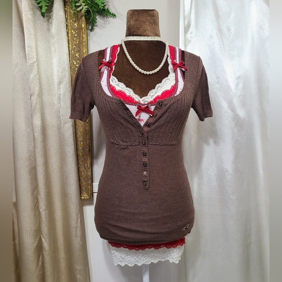 ♡ Y2K ♡ Hollister Brown Empire Waist Button Down Babydoll Henley - Picture 1 of 11